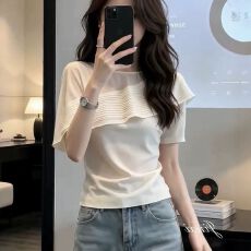 批发法式荷叶边披肩圆领温柔T恤女2026夏季大码<b class='q'>胖</b>mm<b class='q'>显瘦</b>绝美