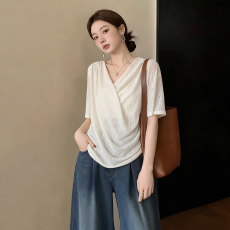 批发女装温柔风荡领雪纺短袖T恤微<b class='q'>胖</b>MM<b class='q'>夏季</b>法式收腰显瘦气