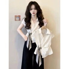 批发法式白色翻领短袖<b class='q'>衬衫</b>女夏季系带收腰气质小资漂