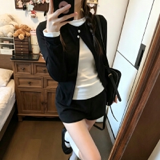 批发假两件撞色开衫长袖t恤