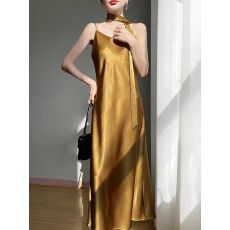 批发法式飘带缎面吊带女神气质V领吊带长裙