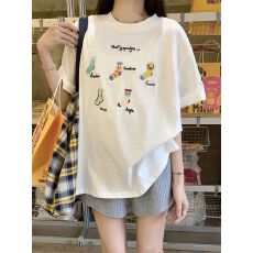 批发原版刺绣<b class='q'>袜子</b> 240克32支双纱高质量 直播爆款美式宽松设计短袖t恤