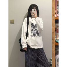 批发260克纯棉 春秋新款<b class='q'>长袖</b>圆领<b class='q'>T</b><b class='q'>恤</b> 印花 宽松休闲慵懒风 纯棉上衣