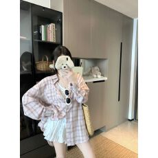 批发多巴胺甜美风粉色格子衬衫女<b class='q'>春秋</b>防晒翻领衬衣宽松休闲大码长袖