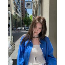 批发polo领蓝色<b class='q'>长袖</b>宽松开衫美式复古设计bf慵懒风叠穿百搭情侣<b class='q'>衬衣</b>