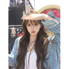 批发韩系复古蓝色格纹POLO领<b class='q'>长袖</b><b class='q'>衬衫</b>女装蠢秋季休闲宽松中长款<b class='q'>衬衣</b>