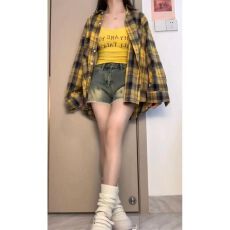 批发多巴胺穿搭纯棉黄黑色格子<b class='q'>衬衫</b>女防晒<b class='q'>衬衣</b>宽松休闲大码<b class='q'>长袖</b>开衫