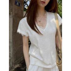 批发蕾丝微透白色正肩v领花边短袖T恤设计感拼接纯欲风气质上衣