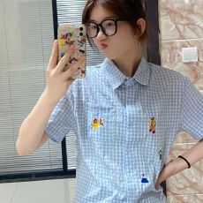 批发夏季短袖衬衫小清新百搭日系蓝条纹学院风<b class='q'>情侣</b><b class='q'>同款</b>上衣宽松开衫