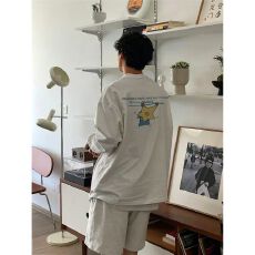 批发260克纯棉 束口螺口长<b class='q'>T</b> 春秋<b class='q'>长袖</b>印花 宽松休闲慵懒风 纯棉上衣