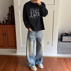 批发260克纯棉 束口螺口长T 春秋长袖印花 宽松休闲慵懒风 纯棉上衣