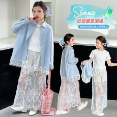 批发女童2025新款蕾丝镂空半身裙套装衬衫中大<b class='q'>儿童</b>女孩韩版裙子三件套