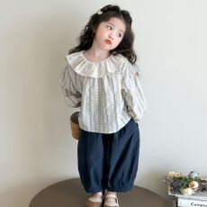 批发<b class='q'>女童</b>碎花甜美<b class='q'>圆领</b>衬衫套装中小童春季新款拼色长袖娃娃领两件套潮