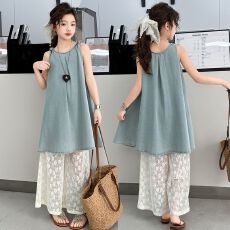 批发<b class='q'>女童</b>夏<b class='q'>季</b>薄套装2025新款洋气无袖吊带<b class='q'>娃娃衫</b>喇叭阔腿裤两件套童装