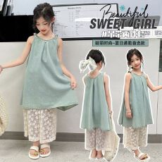 批发<b class='q'>女童</b>套<b class='q'>装</b>2025夏新款初中生女孩韩系吊带蕾丝<b class='q'>裙裤</b>中大童九分裤童装