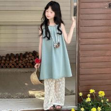 批发2025新款女童装夏季休闲无袖吊带背心中大<b class='q'>儿童</b>女孩时尚蕾丝裤套装