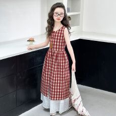 批发<b class='q'>女</b><b class='q'>童</b>夏季<b class='q'>连衣裙</b>套装2025新款洋气女孩子韩系格子休闲背心裙两件套