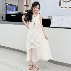批发<b class='q'>女</b><b class='q'>童</b>无袖<b class='q'>连衣裙</b>背心裙2025年夏季新款中大童镂空蕾丝仙女洋气超仙