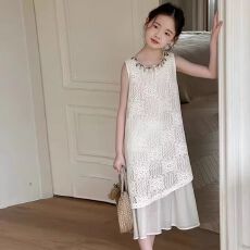 批发夏季新款韩系甜美镂空拼接蕾丝<b class='q'>背心裙</b>气质高级个性<b class='q'>女童</b>休闲<b class='q'>连衣</b>裙