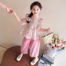 批发女小童时尚<b class='q'>套装</b><b class='q'>夏</b>季2025新款<b class='q'>宝宝</b>花朵飞袖<b class='q'>夏</b>装小女孩阔腿裤两件套