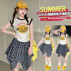 批发<b class='q'>女童</b><b class='q'>半</b>身裙夏季2025新中大童短袖时髦炸街八角不规则格子<b class='q'>裙裤</b>套装