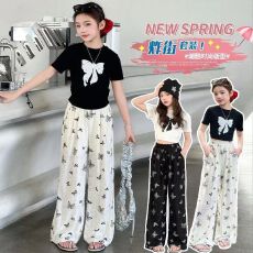批发女大童高腰破洞蝴蝶印花休闲裤套装2025<b class='q'>夏</b>季新款设计直筒裤两件套