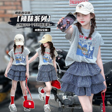 批发女童<b class='q'>夏</b>季套装新款儿童印花短袖T恤格子洋气半身裙两件套