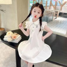 批发女童无袖连衣裙2025新款<b class='q'>夏</b>季儿童装白色小女孩娃娃领洋气公主裙子