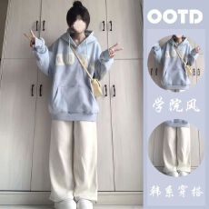 批发<b class='q'>女童</b>韩系<b class='q'>穿</b>搭连帽卫衣外套秋装中大童宽松洋气休闲风长袖裤套装潮