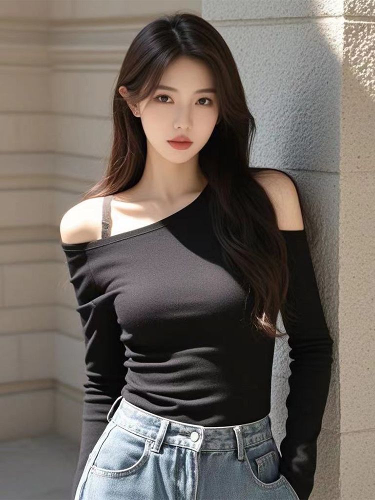 MY12798# 黑色露肩打底衫女新款修身长袖洋气独特别致斜肩上衣女裝貨源服裝批發