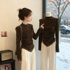 批发已出货 气质半高领丝绒长袖t恤女秋季高级感不规则修身内搭短上衣