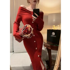 批发已出货 优雅气质一字肩针织连衣裙女修身开叉包臀裙秋冬打底裙