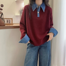 已出货 韩系chic冷淡系撞色牛仔拼接Polo领长袖毛衣女秋冬上衣女