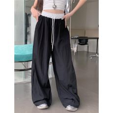 批发新款拼色松紧腰宽松阔腿休闲裤女夏季肌理垂感直筒拖地裤百搭潮流