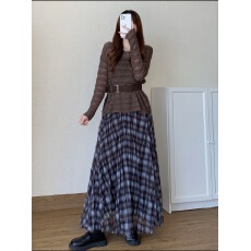 批发韩系复古格子纱网半身<b class='q'>裙</b>女2025秋季高腰显瘦伞<b class='q'>裙</b>百搭中长格纹<b class='q'>裙</b>