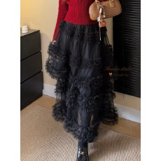 批发设计感多层网纱蛋糕半身裙女黑色A字重工木耳花边长裙26春季新品