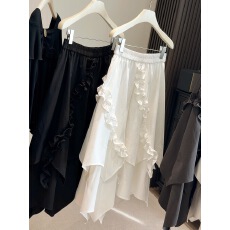 批发26年早春韩系木耳边拼接不规则a字裙高腰显瘦<b class='q'>气质</b>中长裙半身裙