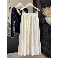 批发法式26春夏温柔风白色刺绣镂空花朵半身裙女高腰A字蕾丝纯棉长裙