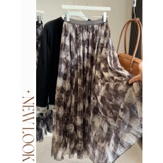 批发复古格纹褶皱垂坠感网纱半身裙女春季新款韩系高腰A字大摆中长裙