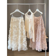 批发夏新款立体玫瑰花朵A字半身裙女高级感时尚重工松紧腰中长蓬蓬裙