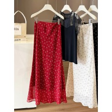 批发复古港风红色碎花半身裙女夏季2026新款气质垂感雪纺包臀鱼尾<b class='q'>裙子</b>