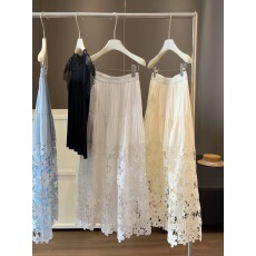 批发夏季新款时尚设计感蕾丝镂空钩花拼接半身裙女百搭A字宽松中长裙