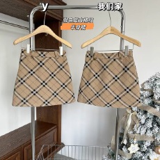 批发咖色复古格纹半身裙女秋冬款高腰a字格子短款裙子