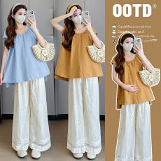 批发实拍夏季韩版<b class='q'>百搭</b>显瘦棉质上衣＋刺绣镂空直筒阔腿裤孕妇套装