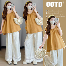 批发实拍夏季韩版<b class='q'>百搭</b>显瘦棉质上衣＋刺绣镂空直筒阔腿裤孕妇套装