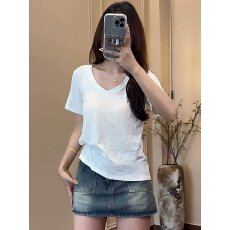 批发原版布料白色竹节纯棉V领短袖t恤女夏韩版宽松正肩打底上<b class='q'>衣服</b>