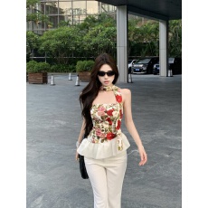 批发荷叶边印花飘带露背<b class='q'>抹胸</b>背心女夏季修身无袖<b class='q'>裹</b><b class='q'>胸</b>纯欲短款上衣外穿