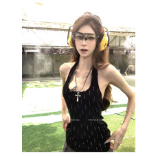 批发260克人棉暗暗心动 黑色带钻挂脖背心吊带女<b class='q'>街头</b>时尚辣妹无袖上衣
