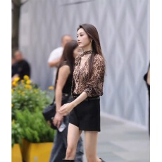 批发官图实价 夏防晒衫豹纹v领长袖雪纺衬衫女纯欲中长款收腰衬衣上衣