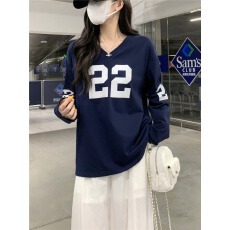 批发雪花棉美式少女长袖T恤2025新款秋装美式复古V领宽松字母<b class='q'>印花</b>上衣